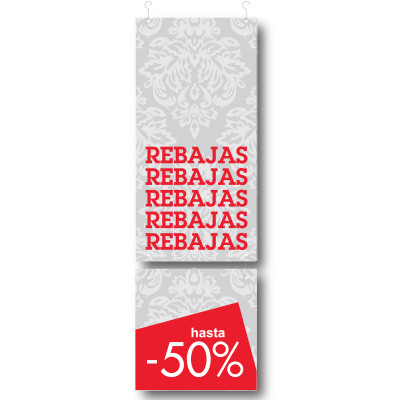 2 cartel REBAJAS hasta -50%, 110 x 33 cm