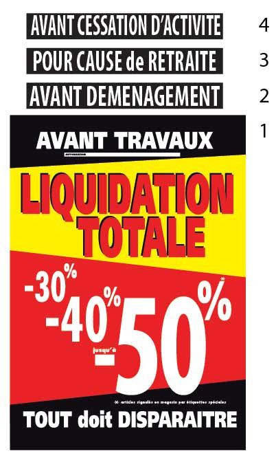 Affiche "LIQUIDATION TOTALE -30% -40% jusqu'à -50%" L120 H170 cm