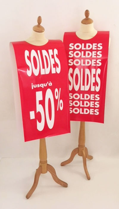 Affiche mannequin  "SOLDES jusqu'à -50%" L40 H168 cm