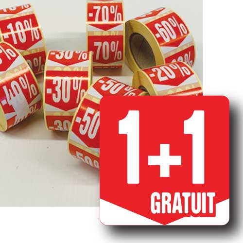 Rouleau de 500 étiquettes adhésives "1+1 GRATUIT" 35mm