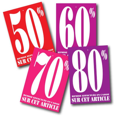 Paquet de 100 étiquettes carton assorties "50%-60%-70%-80%" L60 H85 mm
