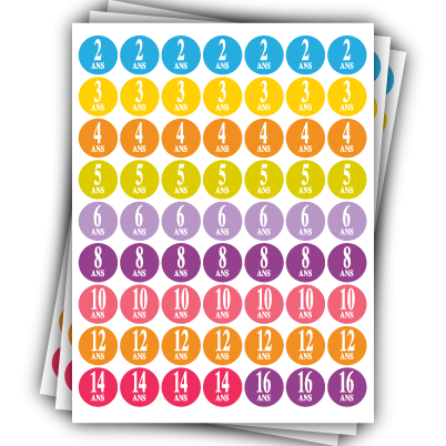 3 Planches stickers ronds "TAILLE ENFANTS"