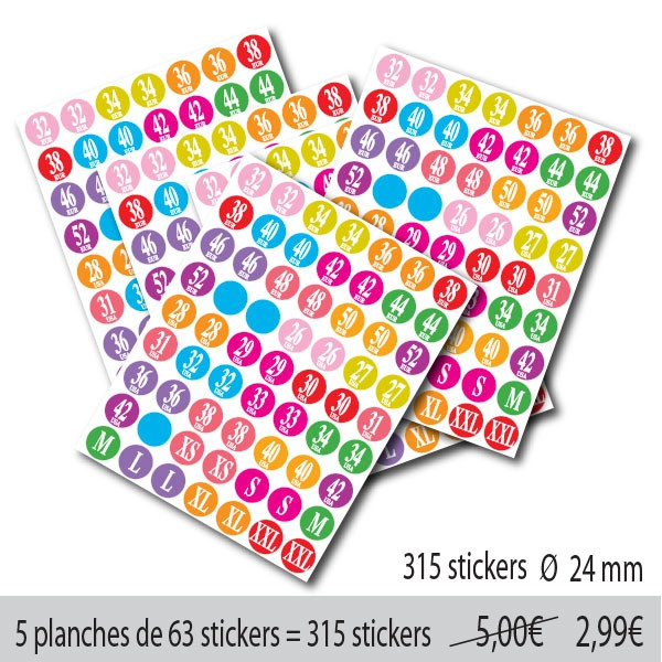 5 Planches stickers ronds "TAILLES FEMME"