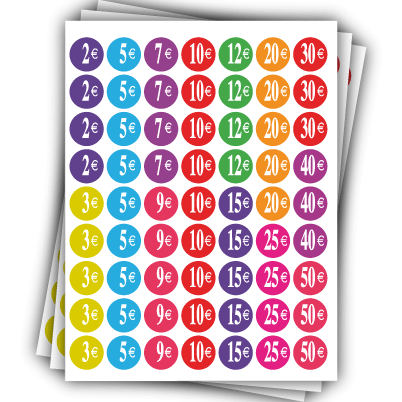 3 Planches stickers ronds DE 2€ à 50€"