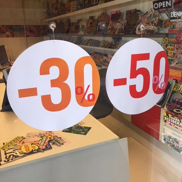 Carton rond recto "50%" verso "30%" 32 cm et 2 ventouses