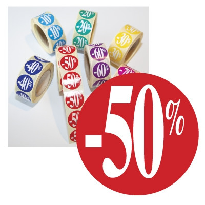 Rouleau de 500 stickers rouge "-50%"  24 mm