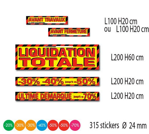 Kit de 4 stickers "LIQUIDATION TOTALE" + 315 stickers % 