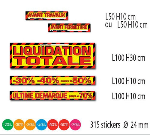 Kit de 4 stickers "LIQUIDATION TOTALE"+ 315 stickers %