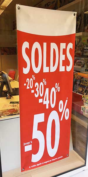 Bâche "SOLDES-50%" L60 H160 cm 4 oeillets et 4 ventouses à pression