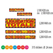 Kit de 4 stickers "LIQUIDATION TOTALE" + 315 stickers % 