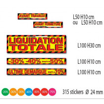 Kit de 4 stickers "LIQUIDATION TOTALE"+ 315 stickers %