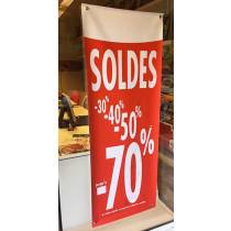 Bâche "SOLDES-70%"L 60 H160 cm avec 4 ventouses à pression