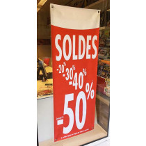 Bâche "SOLDES-50%" L60 H160 cm 4 oeillets et 4 ventouses à pression