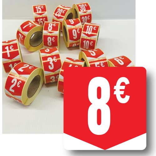 Rouleau de 500 étiquettes adhésives "8€" 35mm