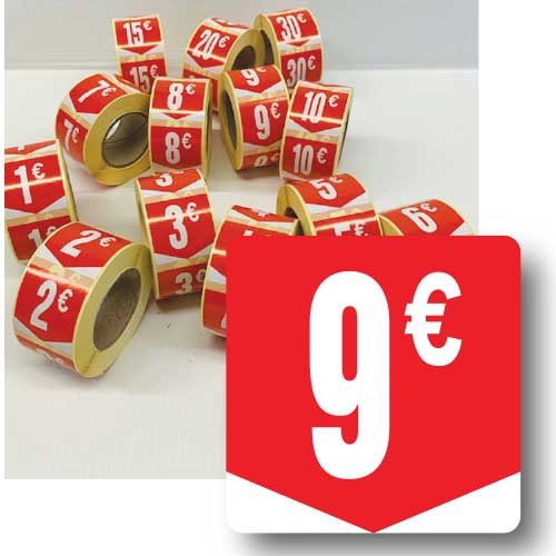 Rouleau de 500 étiquettes adhésives "9€" 35mm