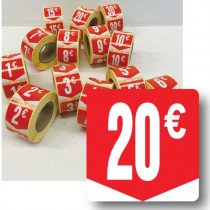 Rouleau de 500 étiquettes adhésives "20€" 35mm