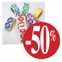 Rouleau de 500 stickers rouge "-50%"  24 mm